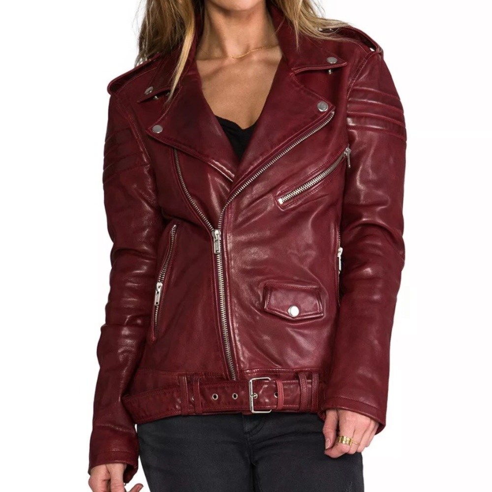 BLK DNM crimson type 8 burgundy distressed leather oversized moto biker jacket